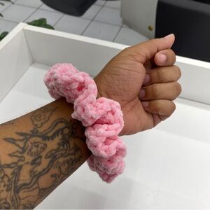 Pink Velvet Crochet Scrunchie – Soft & Fluffy Hair Accessory